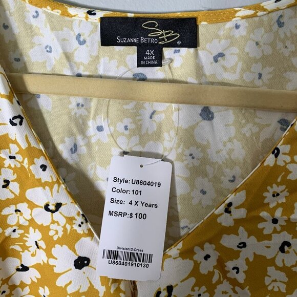NEW Suzanne Betro yellow floral ruffle faux wrap knee length stretch dress - Picture 5 of 10